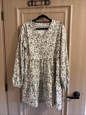 Floral Tiered Long Sleeve Dress in Sage Green and Mauve